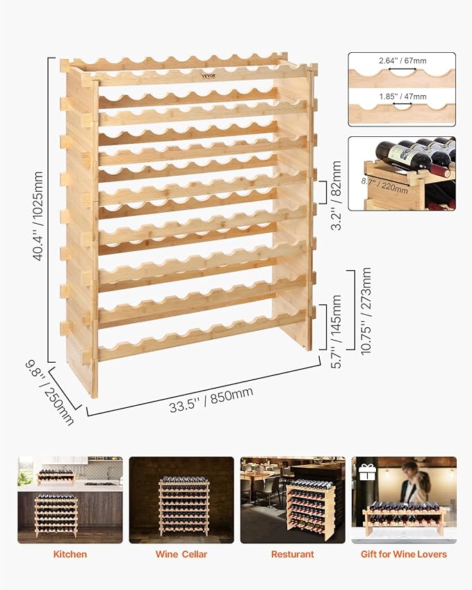 VEVOR Stackable Modular Wine Rack, 8-Tier 72 Bottles, Freestanding Wines Holder Display Shelf, Solid Bamboo Wood Storage Racks, Wobble-Free Shelves for Kitchens, Dining Rooms, Cellars, Natural Color