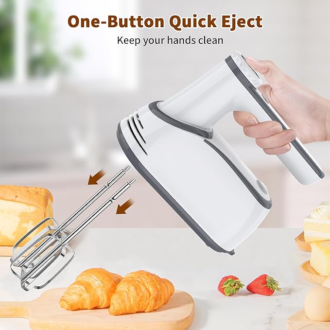 Cordless Electric Hand Mixer: 12 Speeds Powerful Handheld Mixer with 6 Stainless Steel Attachments (2 Beaters, 2 Dough Hooks, 2 Whisks), Snap-On Storage Case & Eject Button (White)