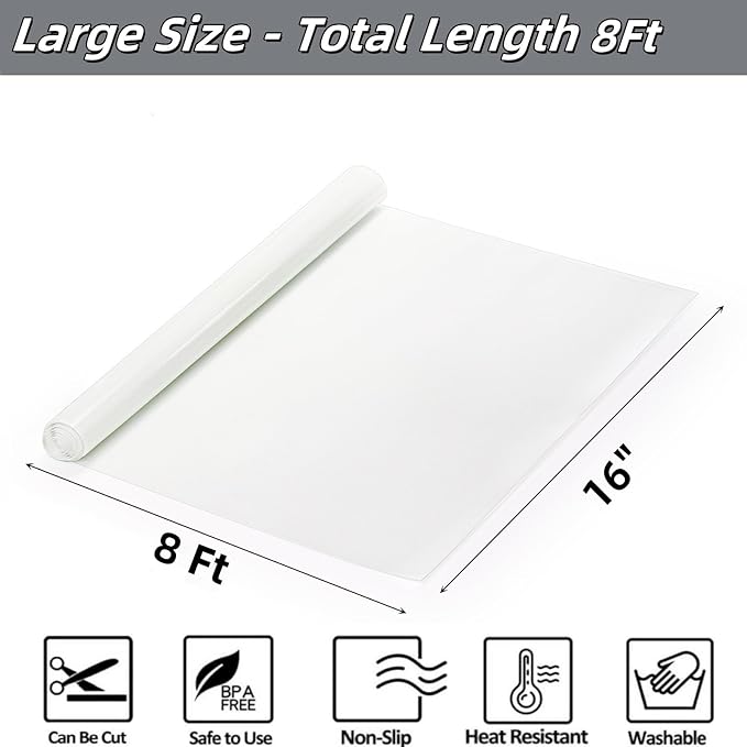 Silicone Baking Mat Roll, 16 In x 8 FT Non-Stick Pastry Mat, Cut to Any Size, Heat Resistant Food Grade Silicone Sheet, Air Fryer Liner for Pie Crust, Pizza Cookies