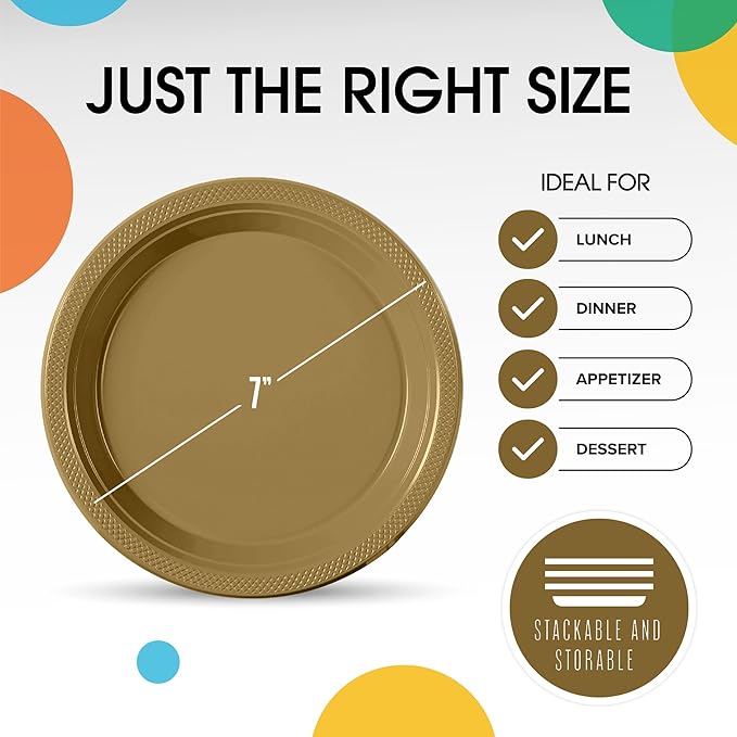 Exquisite Party Solids Gold Plastic Plates For Party 7" Gold Disposable Plates Heavy Duty Supplies 100 Pcs Plastic Dinnerware Sets Heavy Duty 350 GSM Disposable Dinnerware Set