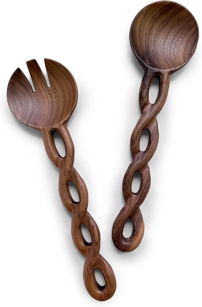 13" Wooden Salad Tongs For Serving, Walnut Kitchen Utensils Set, Salad Servers Mixing Dinner Fork and Spoon Long Handle, Housewarming Gift Ideas, Set of 2 (Walnut Wood)