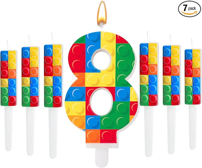 7 Pcs Building Block Themed Birthday Candles Set Building Blocks Number 8 Candle Cake Topper for Building Block Party Decoration Supplies (Number 8)