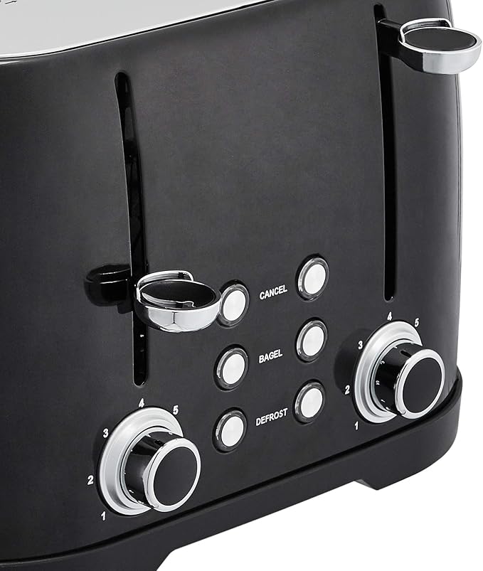 Amazon Basics 4 Slice Toaster, 6 Browning Settings, Removable Crumb Tray, Bagel and Defrost Function, Cancel Button, 1600W, Black