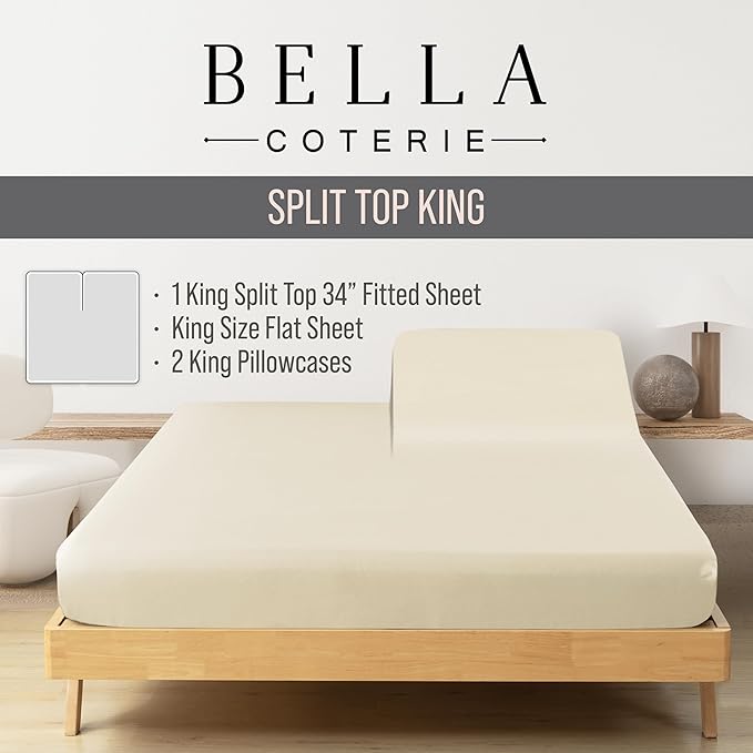 Bella Coterie Luxury Bamboo Viscose Split Top King Size Sheet Set | 100% Organically Grown | Ultra Soft | 34" Split | Cooling for Hot Sleepers | 18" Deep Pocket [Ivory]