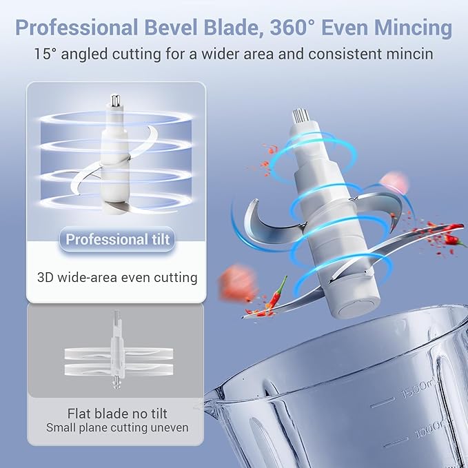 Bear Food Processor, Electric Food Chopper with 8 Cup/2L Handheld Glass Bowls, No-Hole 4 Bi-level Stainless Steel Blades for Easy Cleaning, 2 speed 250W Power Motor Grinder for Meat, and Baby Food