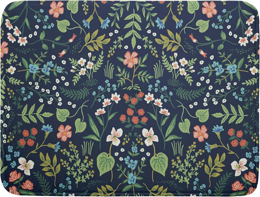 Flower Floral Dish Drying Mat 18x24 inch Microfiber Navy Blue Drying Mats with Hanging Loop Absorbent Green Leaves Dish Drainer Mat Reversible Flowers Drying Pad for Kitchen Counter Sink
