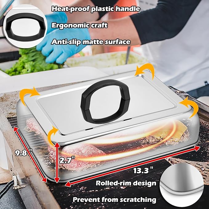Rectangular Melting Dome 2Pcs, HaSteeL 13.3 X 9.8In Stainless Steel Bating Steaming Cover, Heavy Duty Solid Griddle Lid & Grill Pot with Air Damper, for Flat Top Hibachi Cooking, Dishwasher Safe