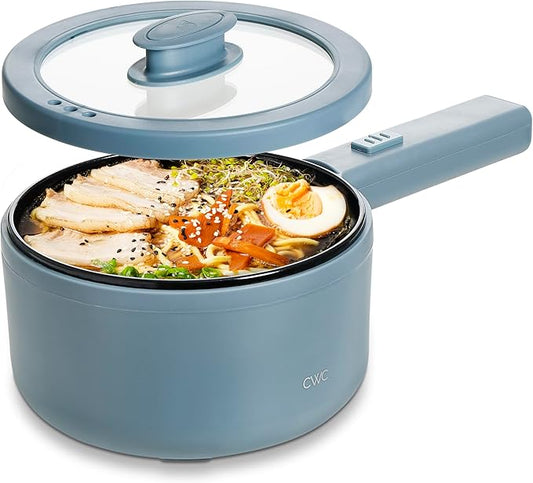 COOK WITH COLOR Electric Hot Pot, 1.6L Mini Cooker, 700W Power, Non-Stick Surface, Thermal Cut-Out Protection, Perfect for Rice, Noodles, Soups, Stews, Dorms, Apartments, and Small Kitchens, Blue Grey