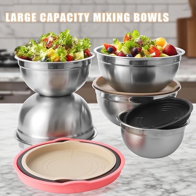 Lazycorner Mixing Bowls with Airtight Lids Set 5 Pcs Stainless Steel Bowls Set Baking Set Non-Slip Silicone Bottoms Great for Serving & Baking