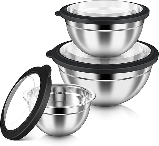 HaWare Mixing Bowls with Airtight Clear Lids, 6-Piece Stainless Steel Strong Nesting Bowls Set, Metal Salad Bowl for Cooking, Prepping, Baking, Serving & Food Storage, Size 4.6, 3, 1.5QT, Black