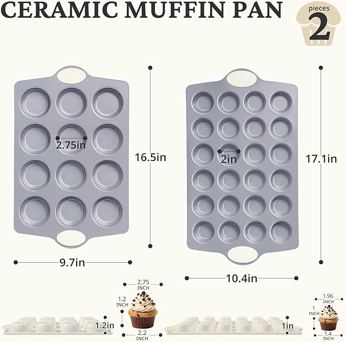 BRONYPRO Ceramic Muffin Pan, 12-Cup and 24-Cup Nonstick Aluminized Steel Mini Cupcake Pans, Healthy Non-Toxic Ceramic Coating Muffin Tin, 2 Pack Cup Cake Pans for Baking Cream