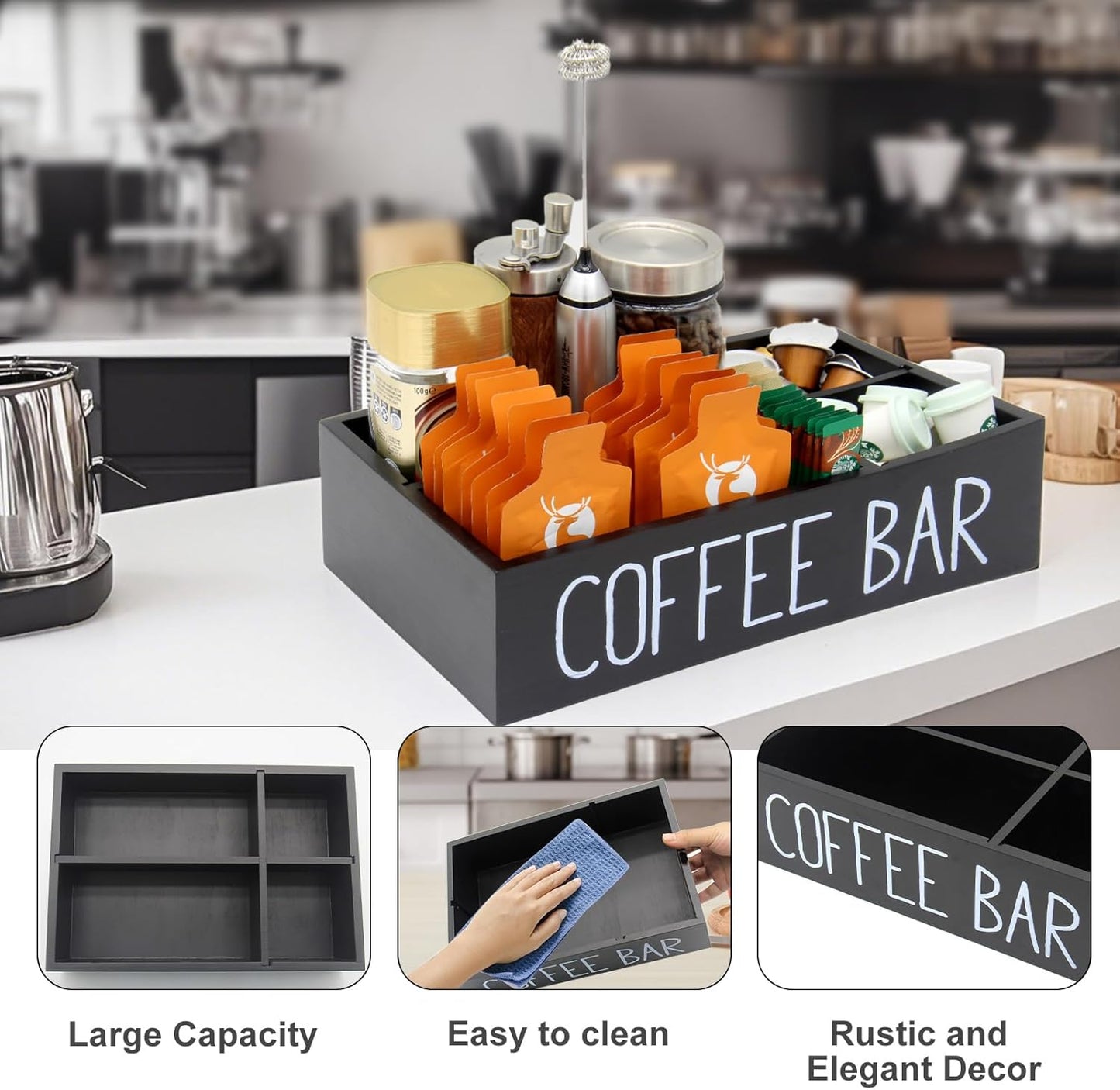 Coffee Station Organizer with Removable Dividers Disposable Cup Holder Wooden Countertop Organizer for Tea Condiment Accessories Storage Farmhouse Bar Decor Black (Black)