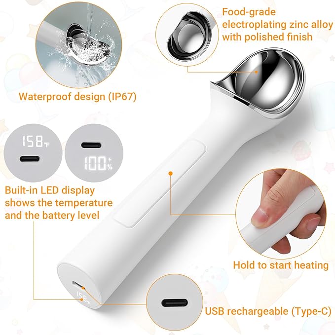 Juome Heated Ice Cream Scoop - 15 Seconds Fast Heating Electric Ice Cream Scooper USB Rechargeable, Handheld Heats Up to 158°F with LED Display for Hard Ice Cream, Easy Use for Seniors & Kids (White)
