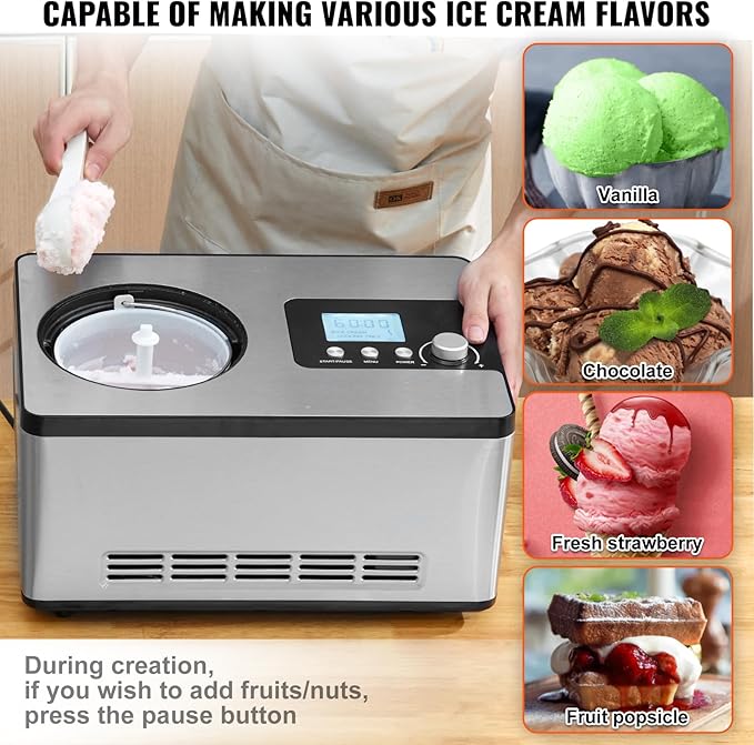 VEVOR Automatic Ice Cream Maker with Built-in Compressor, 2 Quart No Pre-freezing Fruit Yogurt Machine, Stainless Steel Electric Sorbet Maker, 3 Modes Gelato Maker with LCD Display & Timer, Silver