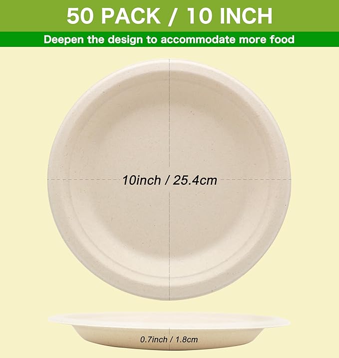 BLUE TOP Compostable Disposable Paper Plates, Heavy Duty Waterproof - 50 Pack 10 inch Eco-Friendly Biodegradable Sugarcane Bagasse Dinner Plates