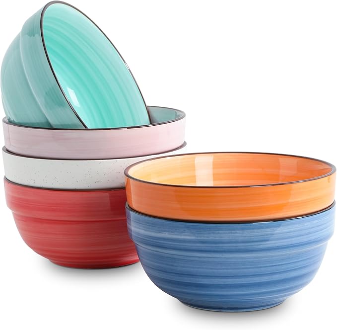 HAPPY KIT Ceramic Serving Bowls, 6 Inch Colorful Bowls for Kitchen, 24 Ounce Soup Bowls Set of 6, Dishwasher & Microwave Safe, Porcelain Bowls for Cereal Soup Rice Pasta Salad Oatmeal Soup