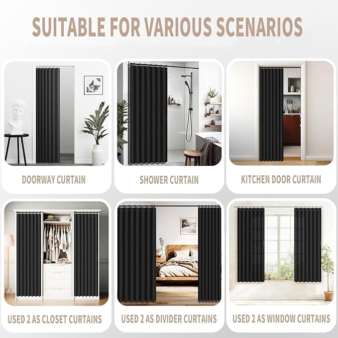 Vatge Closet Door Curtain Room Divider Drapes, Pleated Folding Style Curtains for Doorways Curtain for Bedroom Without Door,1 Panel with Tieback, W39 x L78, Black