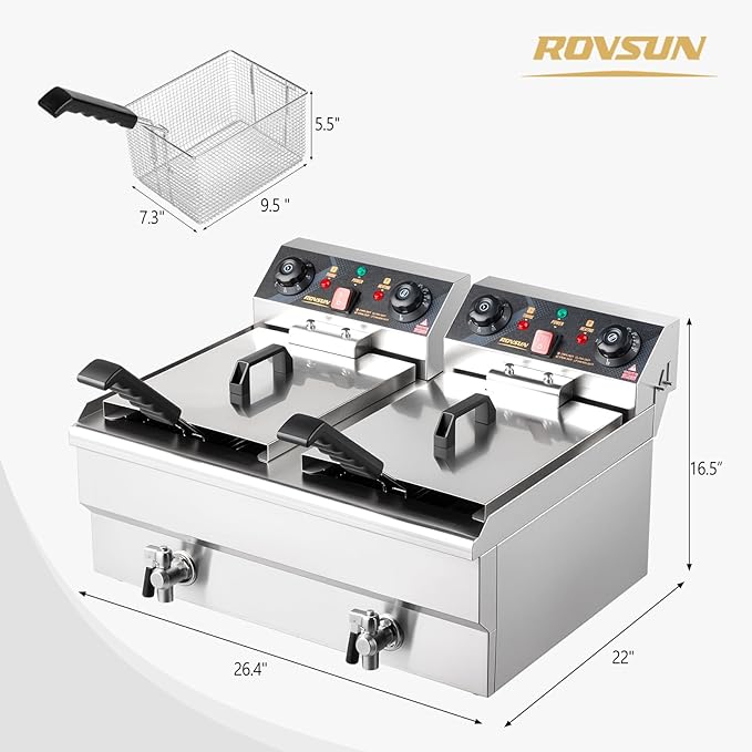 ROVSUN 24.9QT Electric Deep Fryer with Baskets, Timer Drains & Lids, 3400W Commercial Deep Fryer, Dual Tank Kitchen Countertop Frying Machine, Adjustable Temperature for Home Restaurant