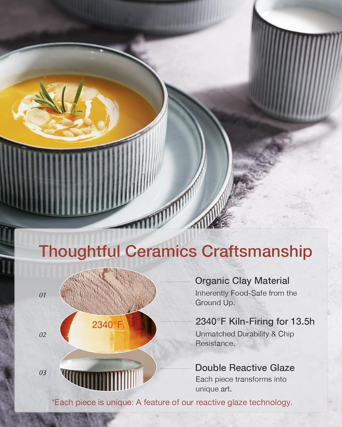 Famiware Star Dinnerware Set with Mugs, Service for 4 (16pcs), Ribbed Stoneware Plates and Bowls Dishes Sets - Chip & Scratch Resistant, Microwave & Dishwasher Safe, Smoky Blue