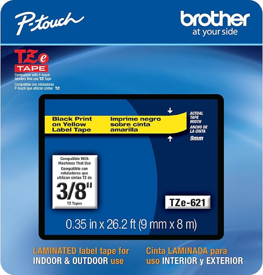 Brother Genuine P-touch, TZe-621CS, 0.35” x 26.2’, Black on Yellow Laminated Label Tape