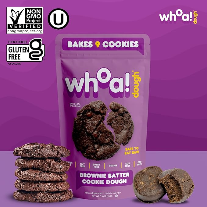 Whoa Dough Ready to Bake Cookie Dough Brownie Batter – Certified Non-GMO, Kosher, Gluten Free – Plant-Based Snack Dough Made with Real Ingredients – 12 Pack