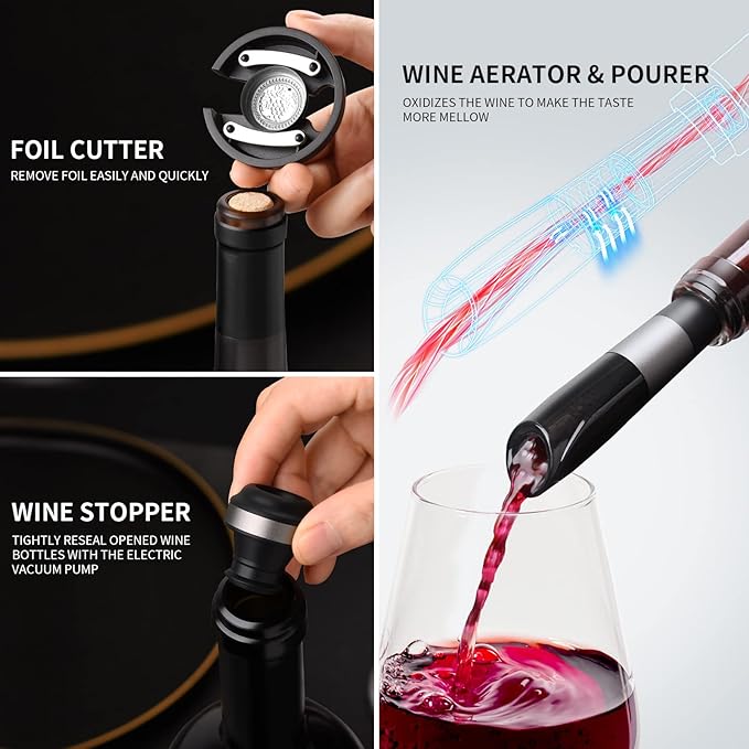 CIRCLE JOY Rechargeable Electric Wine Bottle Opener Set 7-in-1 Aluminum Alloy Wine Gift Set with 2-in-1 Electric Corkscrew & Vacuum Pump, Foil Cutter, Wine Pourer, Charging Base and 2 Wine Stoppers