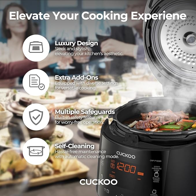 CUCKOO CRP-P0609S 6-Cup (Uncooked) / 12-Cup (Cooked) High Pressure Rice Cooker & Warmer with Nonstick Inner Pot, 12 Menu Options, Fuzzy Logic Tech, 3 Voice Guide, Auto Clean (Black/Copper)