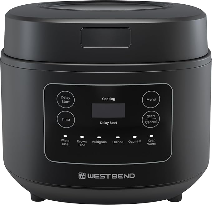 West Bend Programmable Rice & Grain Cooker with 7 Preset Functions, Includes Delay Start and Keep Warm, Features Easy View Window & Steam Basket, 12 Cups Cooked (6 Uncooked), Black