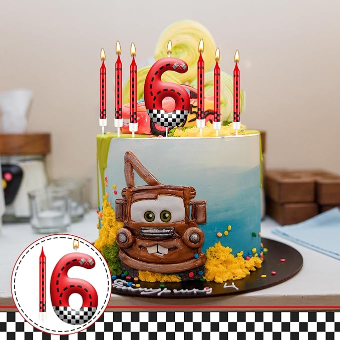 13PCS Racing Car Theme Birthday Candle Set with Checkered Flag Design - Durable Cake Topper for Race Car Party Decorations, Kids Birthday Supplies - Number 6 Candle for Racing-Themed Celebrations