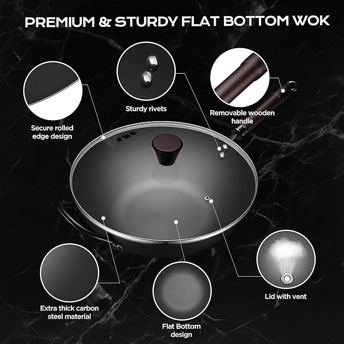 13 Inch Wok with Lid and 12 Inch Sikllet, Carbon Steel Cookware Set, Carbon Steel Woks &Stir-fry Pans Nonstick and Frying Pan, Pre-Seasoned 5.8QT Flat Bottom Chinese Wok, Compatible with All Cooktops