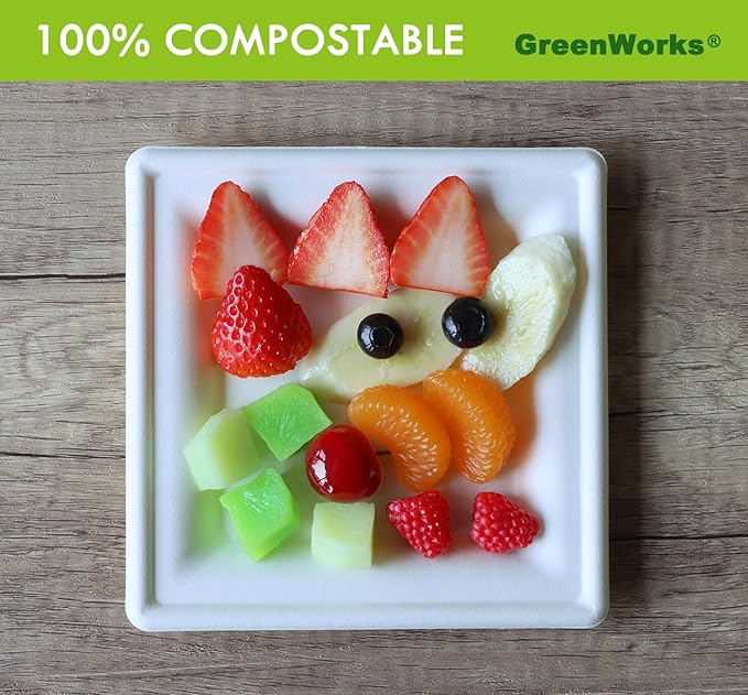 GreenWorks 100 Count 6 Inch Small Square Compostable plates, Heavy Duty Bagasse and Bamboo Fiber Plates