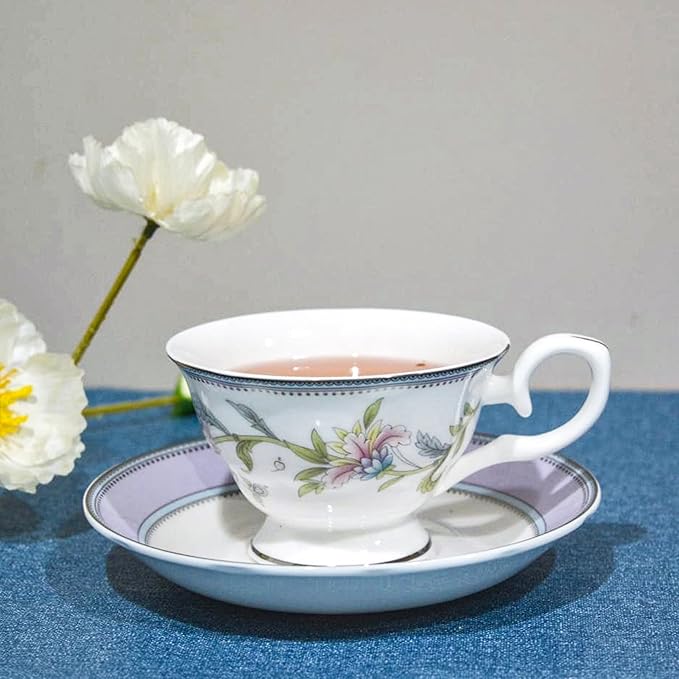 Bone China Tea Set, 21-Pieces Porcelain Tea Set for Adults, Tea Cups And Saucers for 6, with Teapot, Spoons, Sugar Bowl, Creamer Pitcher, Vintage Tea Set for Women Tea Party (Purple)