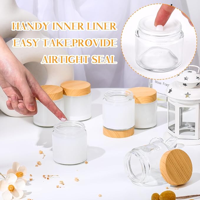 Norme 24 Pcs 4 oz Glass Jars with Lids Empty Small Glass Containers and Inner Liners Reusable Cosmetic Jars Round Airtight Bottles with Plastic Woodgrain Lids for Travel