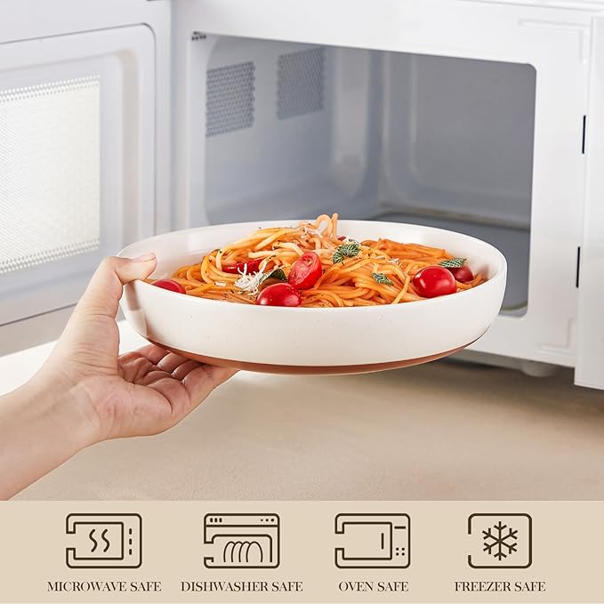 MALACASA 48 OZ Pasta Bowls Set of 4, Large Salad Serving Bowls for Kitchen, Ceramic Soup Bowls Pasta Plates for Dinner, Microwave Dishwasher Safe, Khaki White,Series TARA