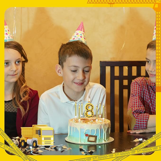 13 Pcs Construction Themed Birthday Candles Set Yellow and Black Number 8 Candle Cake Topper for Construction Party Decoration Supplies (Number 8)