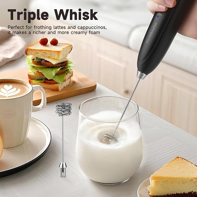 Electric Milk Frother Handheld, Triple-whisk 3-Speed Coffee Drink Mixer with 3 Stainless Steel Whisks (Including Triple-Spring Frothing Whisk) – Stand Included for Cappuccino, Latte, Egg Whisking