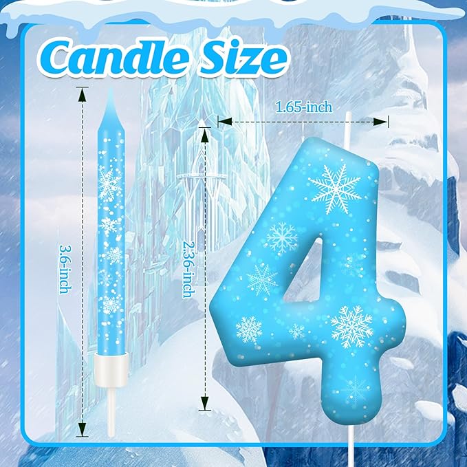 13PCS White and Blue Frozen Themed Party Birthday Candles Set - Blue Number Candles Snowflake Themed Decorations, Girls Party Supplies(Number 4)