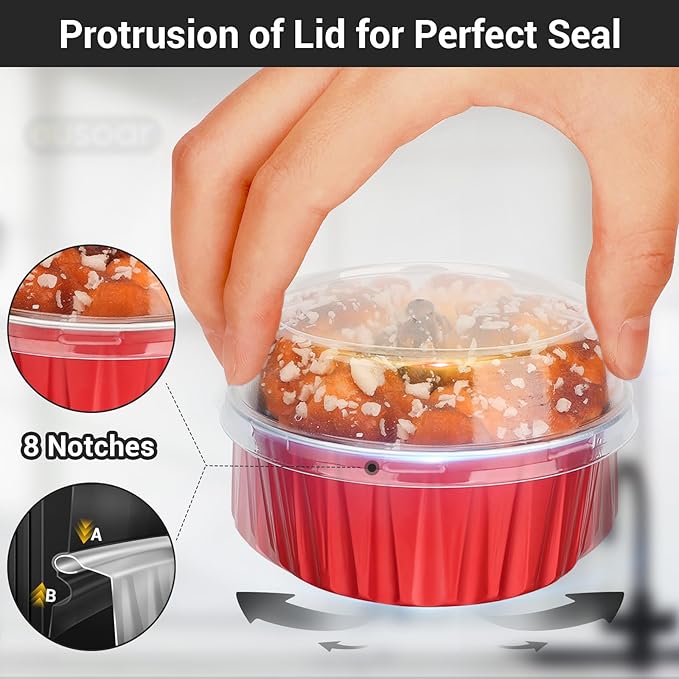 EUSOAR Disposable Ramekins, 30pcs 5oz Aluminum Foil Cupcake Baking Cups Containers with Lids, Dessert Cups Mini Aluminum Cheesecake Pan Creme Brulee Ramekins - Red