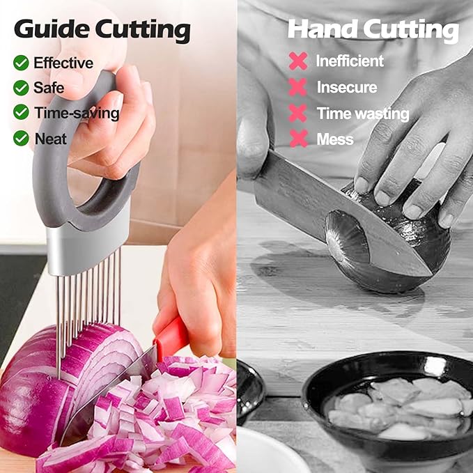 JAYVAR Onion Holder for Slicing, Onion Cutter Vegetable Chopper, Stainless Steel Tomato Potato Slicer, Meat Tenderizer Tool, Convenient Grip Food Slicer Assistant, Food Slice Guide for Vegetable Fruit