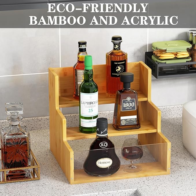 Liquor Bottle Display Shelf Bar Shelves - Bamboo 12 Bottle Syrup Rack for Coffee Bar, Wine Bottle, Spices, Liquor and Whiskey Bottle Display