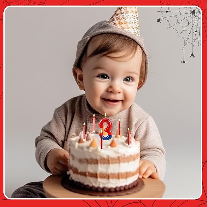 13 Pcs Spider Themed Birthday Candle Set Red Spider Theme Number 3 Candle Cake Topper for Boys Girls Birthday Decoration Spider Party Decoration Supplies (Number 3)