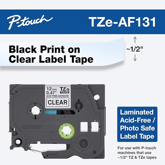 Brother Genuine P-touch TZE-MQG35 Tape, 1/2" (0.47") Wide Standard Laminated Tape, Black on Clear, Laminated for Indoor or Outdoor Use, Water-Resistant, 0.47" x 26.2' (12mm x 5M), TZeAF131
