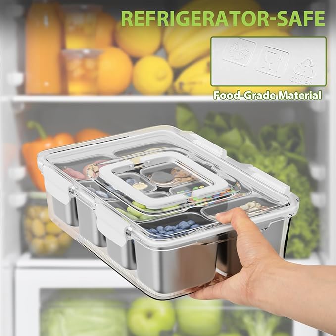 Snackle Box Container, Stainless Steel Divided Serving Tray with Lid and Handle, 8 Compartment Portable Snack Platters - Clear Storage Organizer for Fruit Candy Nuts Veggie - Perfect for Travel Party