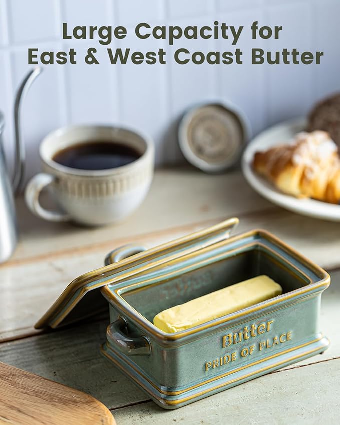 Butter Dish with Lid, Ceramic Butter Holder Container Large Butter Dish for Countertop Farmhouse Decor Butter Keeper for East West Coast Butter, Green