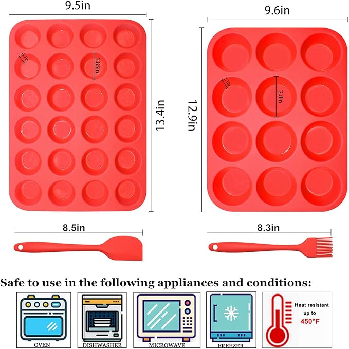 Silicone Muffin Pan Cupcake Set, Non-Stick Regular 12 Cups and Mini 24 Cups,Silicone Baking Molds,BPA Free Muffin Tin with 1 Silicone Spatula & 1 Oil Brush (Red)