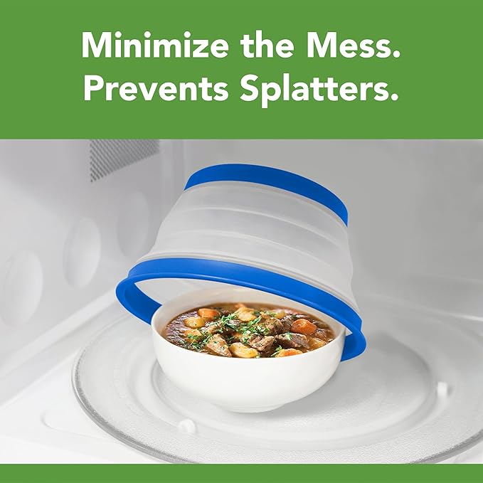 Tovolo Microwave Splatter Cover for Food, Small (Blue) - Collapsible & Vented Silicone Splatter Guard Lid - Microwave Plate & Dish Cover with Handle - BPA-Free Kitchen Gadget for Meal Prep