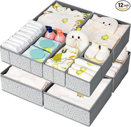 Drawer Organizer Clothes - 12 Pack Dresser Organizer for Nursery, Foldable Sock Underwear Organizer, Baby Drawer Organizer, Small Fabric Storage Bins for Dresser Drawer Closet, Grey