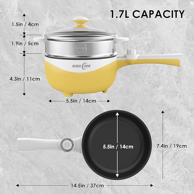 Audecook Hot Pot Electric with Steamer, 1.7L Mini Electric Skillet Portable Nonstick Sauté Pan with Power Adjustment, Rapid Noodles Cooker Travel Multicooker for Steak/Soup/Egg/Oatmeal/Noodles