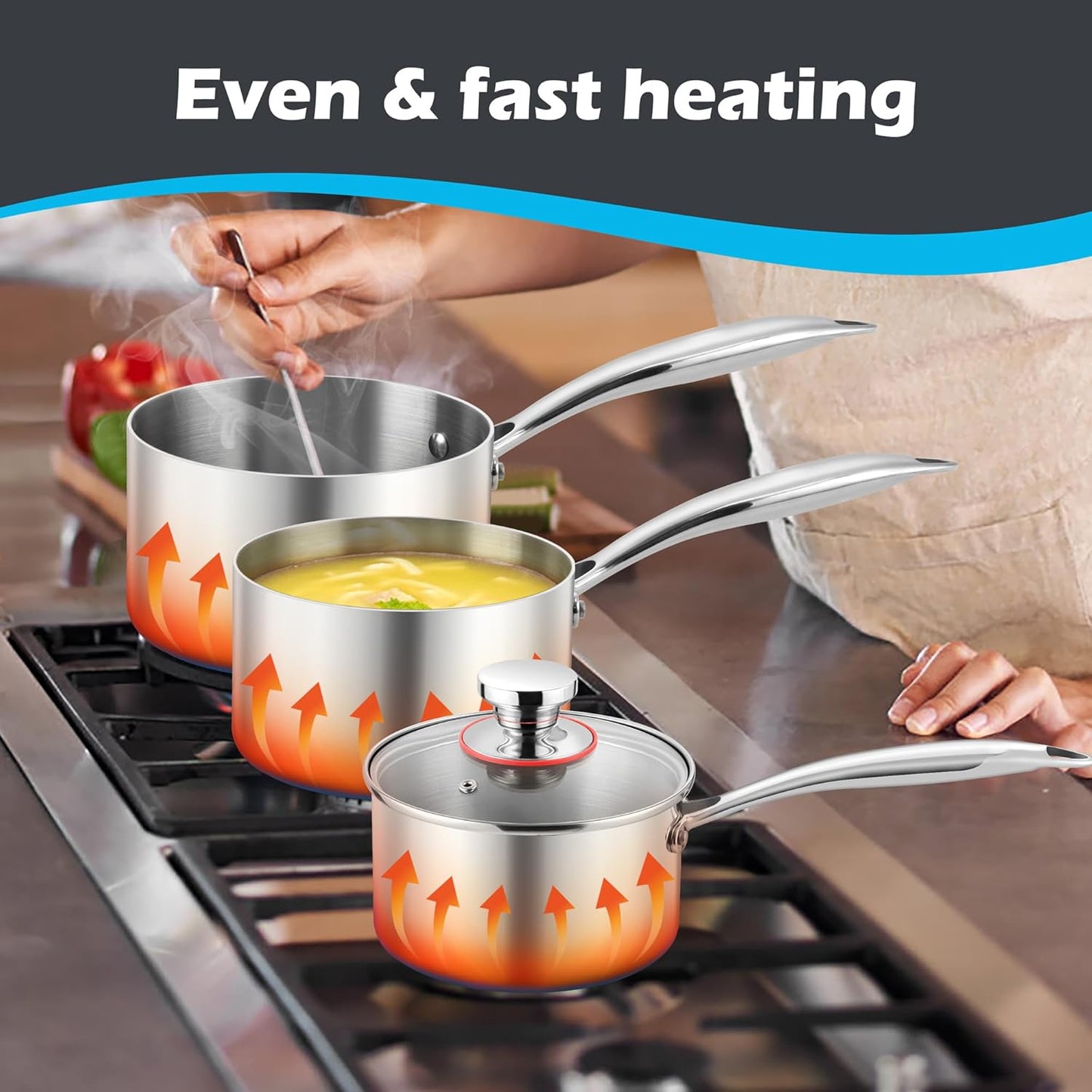 E-far 2-Quart Saucepan, Tri-Ply Stainless Steel Sauce Pan with Glass Lid, Small Cooking Induction Pot Compatible with All Cooktops, Non Toxic, Oven & Dishwasher Safe