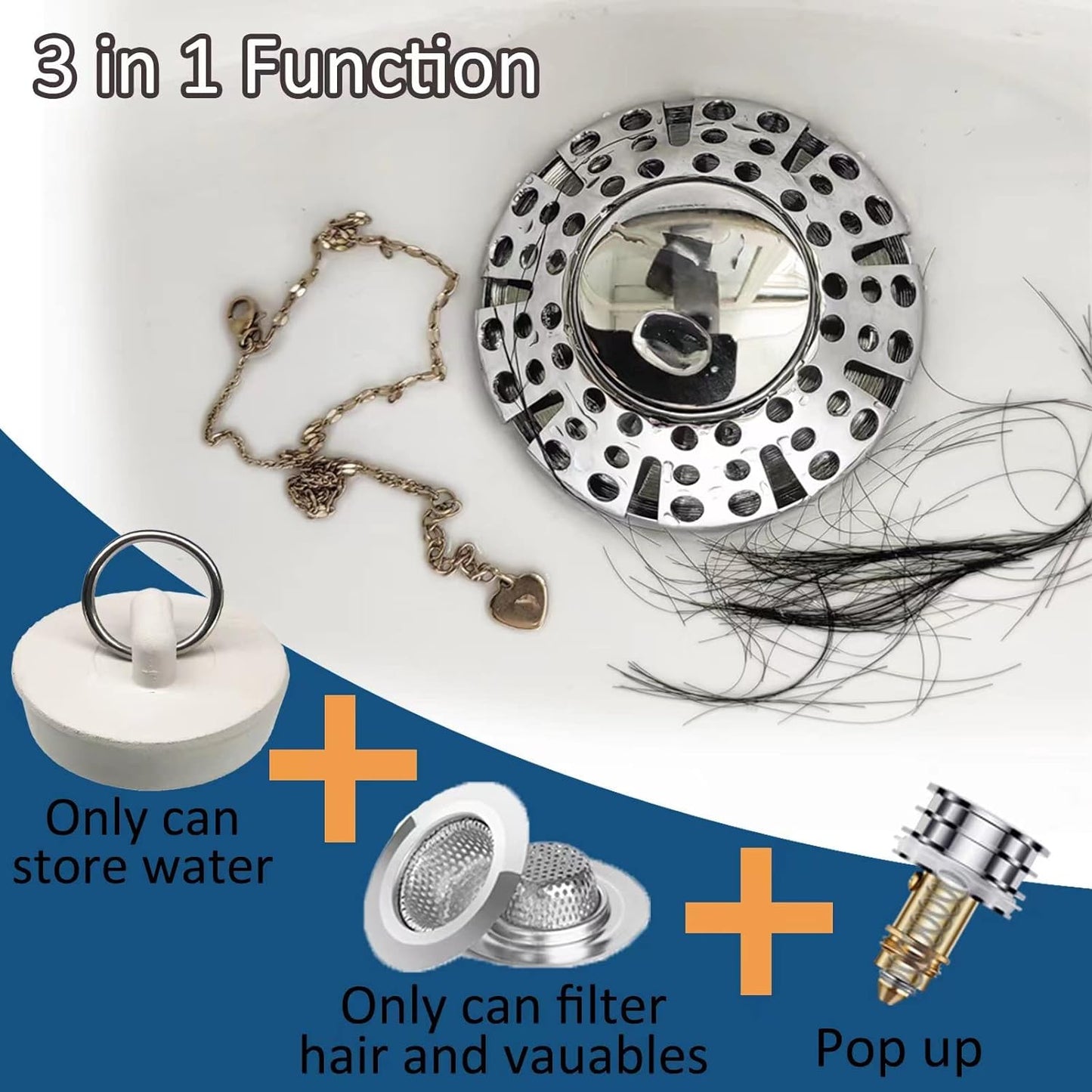 Universal Tub Stopper Bathtub Drain Plug, Pop Up Tub Drain Hair Catcher, Drain Cover with Strainer, for 1-3/8 to 2in Bath Drain Hole